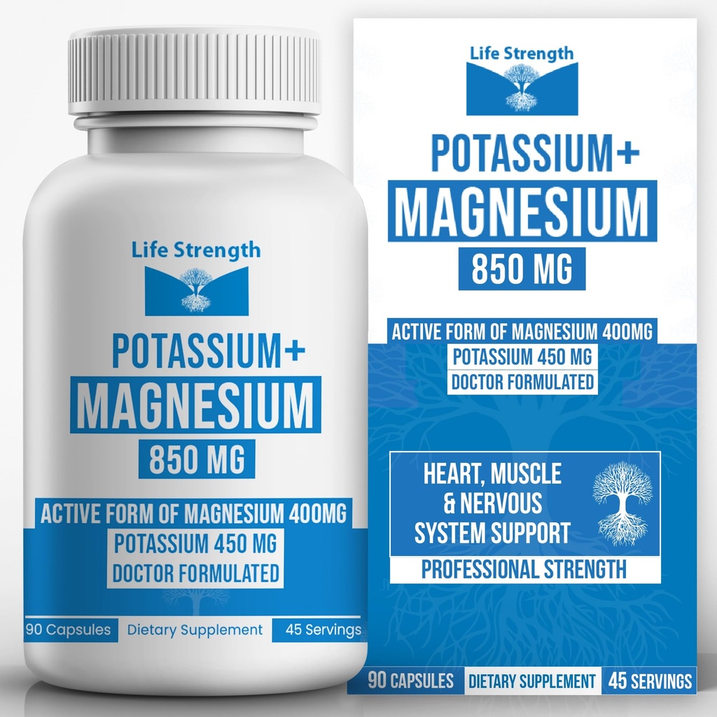 Life Strength Magnesium Kalium Komplex Supplement - 90 kapslar - High Absorption Magnesium Support Vascular Health & Leg Cramp