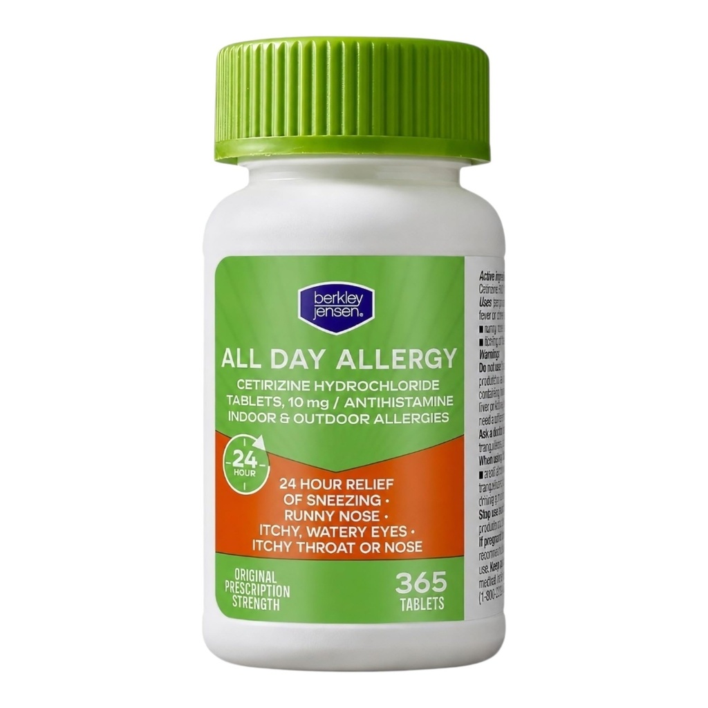 Berkley jensen 24 Hour Allergy Relief (365-Count), 10 mg Cetirizine Hydrochloride Antihistamine - Fast Allergy Medicine för inomhus och utomhusallergier, Easy-Swallow tabletter, jämför med Zyrtec
