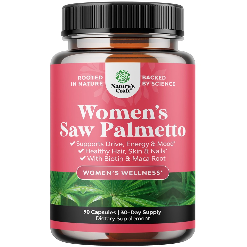 Extra Strength Saw Palmetto för kvinnor 500mg - DHT Blocker för kvinnor 30-dagars leverans - Hår vitaminer för håravfall Supplement - Pure Saw Palmetto Extract Capsules med Maca Root & Biotin - 90 kapslar
