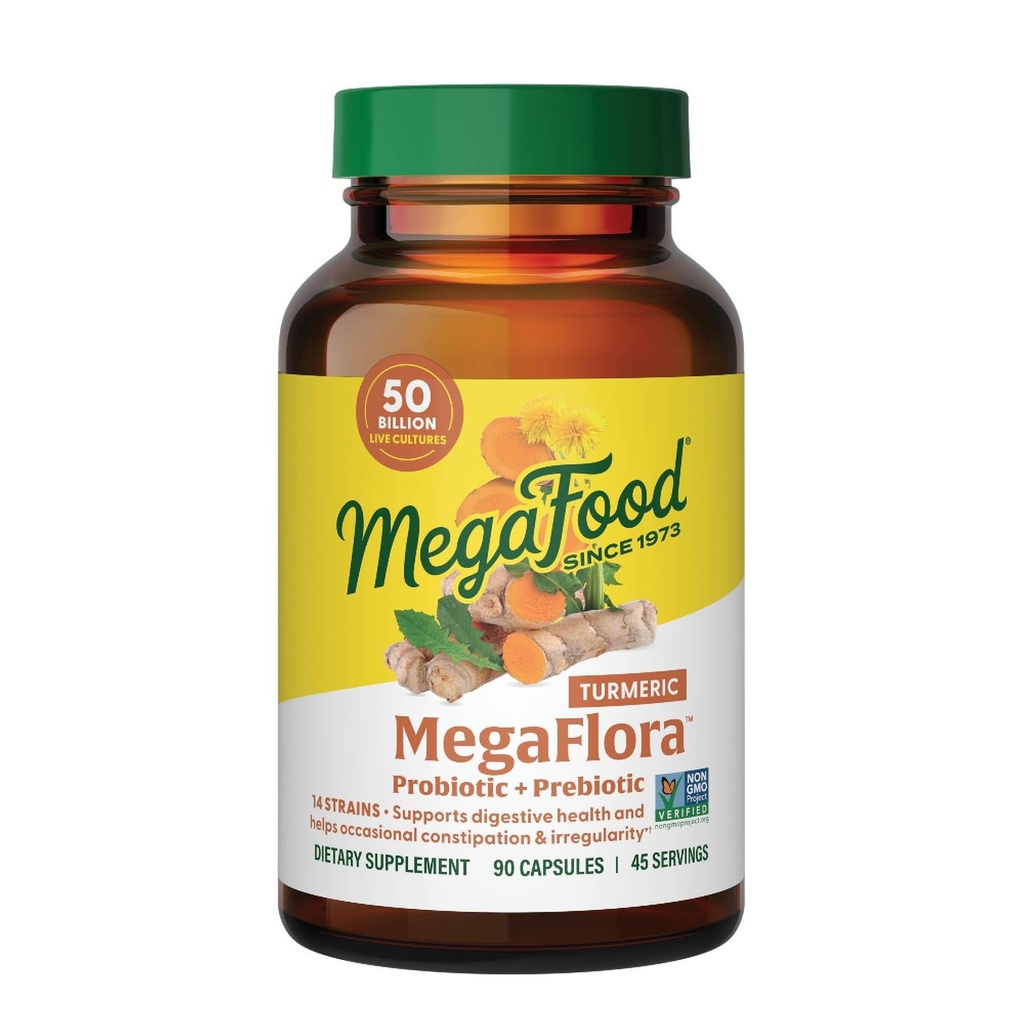 MegaFood MegaFlora Probiotics + Prebiotics Turmeric Supplement - Prebiotics and Probiotics for Women and Men, Digestive Health, 50 Billion CFUs, 14 Strains - 90 Capsules (45 Servings)