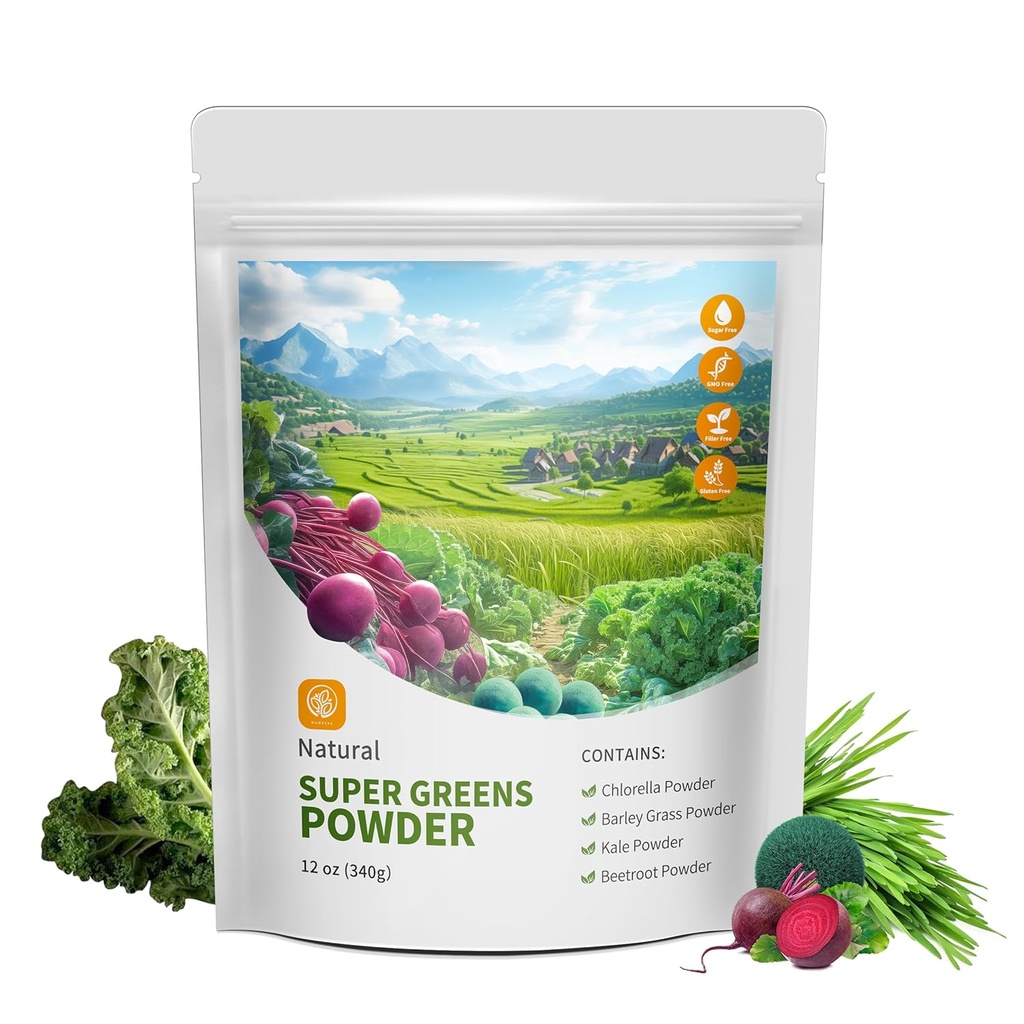 Hudetex Greens Powder Superfood för Immune Support med 12 oz, Greens Powder Smoothie Mix med Chlorella, Barley Grass, Kale & Beetroot Smoothie Booster, Chlorophyll Providing Greens.