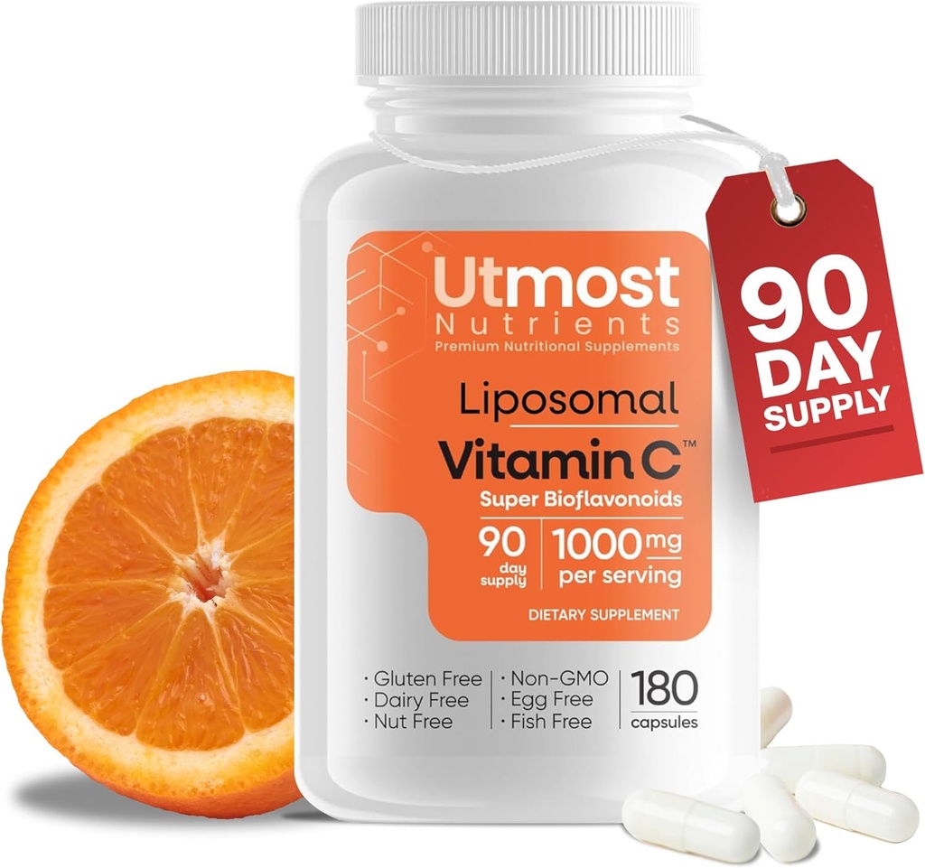 Liposomal Vitamin C - 1000MG VIT C & 100MG Super Bioflavonoid Komplex för förbättrad Wellness | Antioxidant Supplement med naturliga råa ingredienser för vuxna | Avancerat stöd | Non-GMO (180 kapslar)