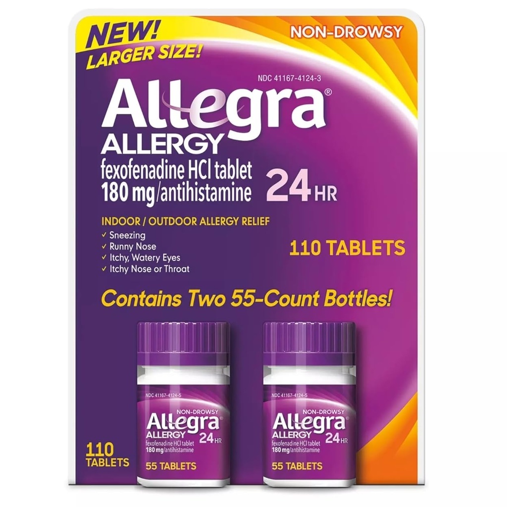 Allegra 24 timmar inomhus och utomhusallergi lättnad 180mg 55 tabletter, paket med 2 (110 ct.)