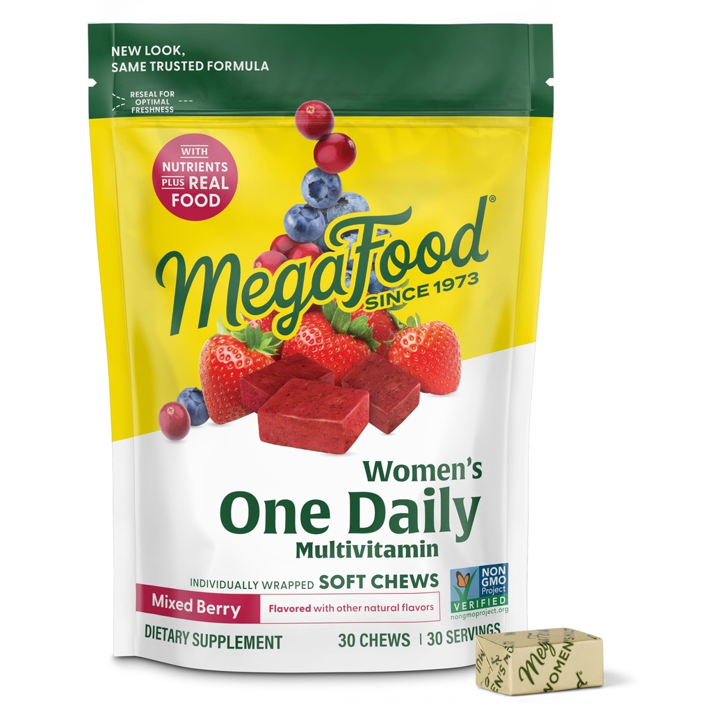 MegaFood Women's One Daily Multivitamin Soft Chews - Multivitamin för kvinnor med folat, vitamin B6, B12, Biotin, vitamin D - Utsökt blandad Berry smak - Vegetarisk, icke-GMO - 30 Chews