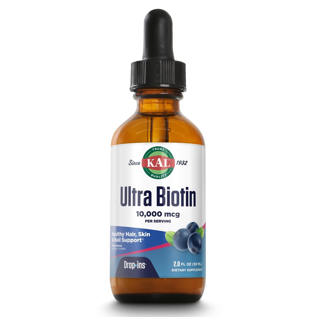 KAL Ultra Biotin 10000mcg DropIns, Liquid Biotin Drops, Hair Growth Supplement, High Potency Vitamin B7, Healthy Hair, Skin, Nails and Energy Support, Natural Mixed Berry Flavor, Cirka 59 Serv, 2oz