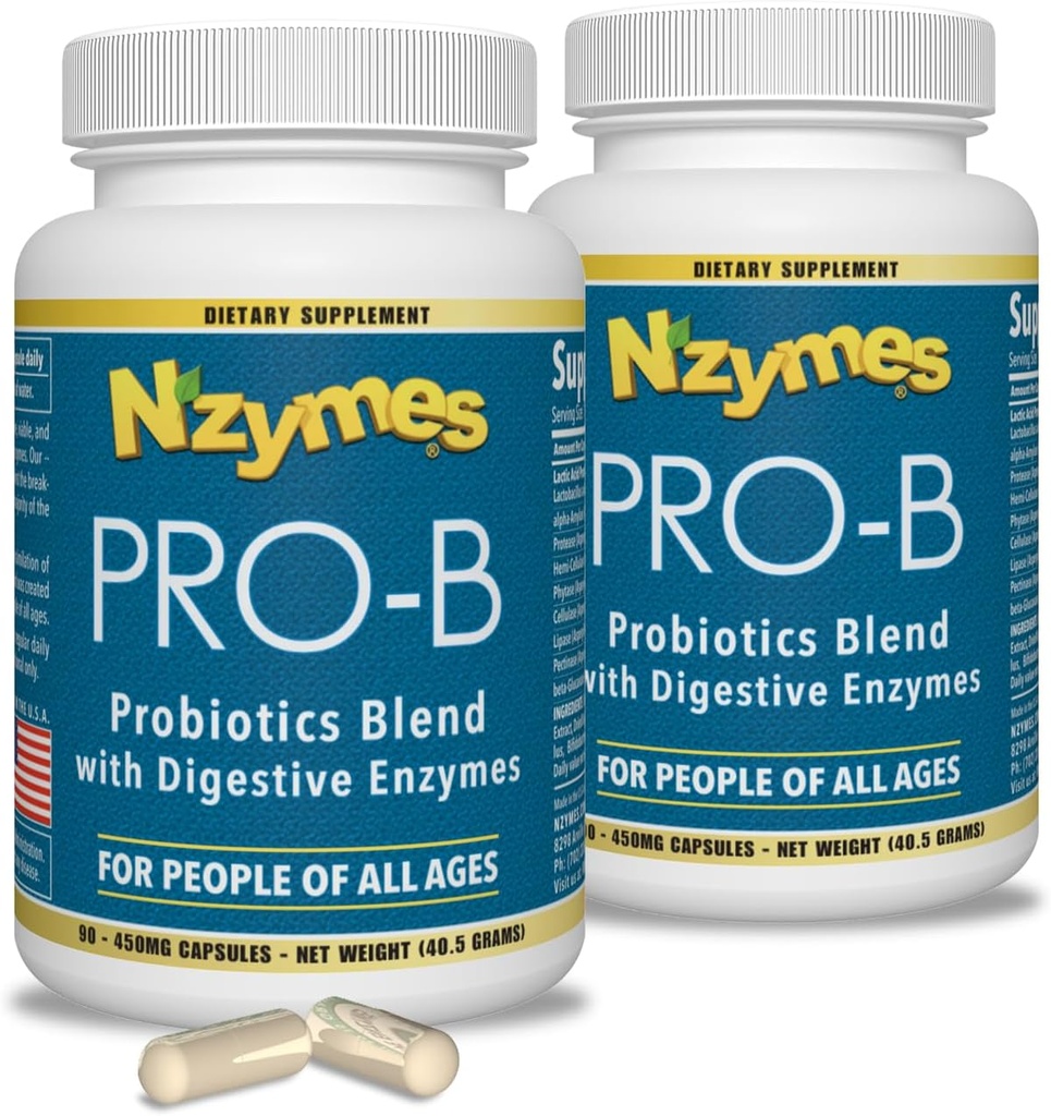 Nzymes® Pro-B Probiotics and Digestive Enzymes for Digestive Balance, Better Digestion, Indigestion och Constipation (180 Total Caplets) - Tillverkad i USA