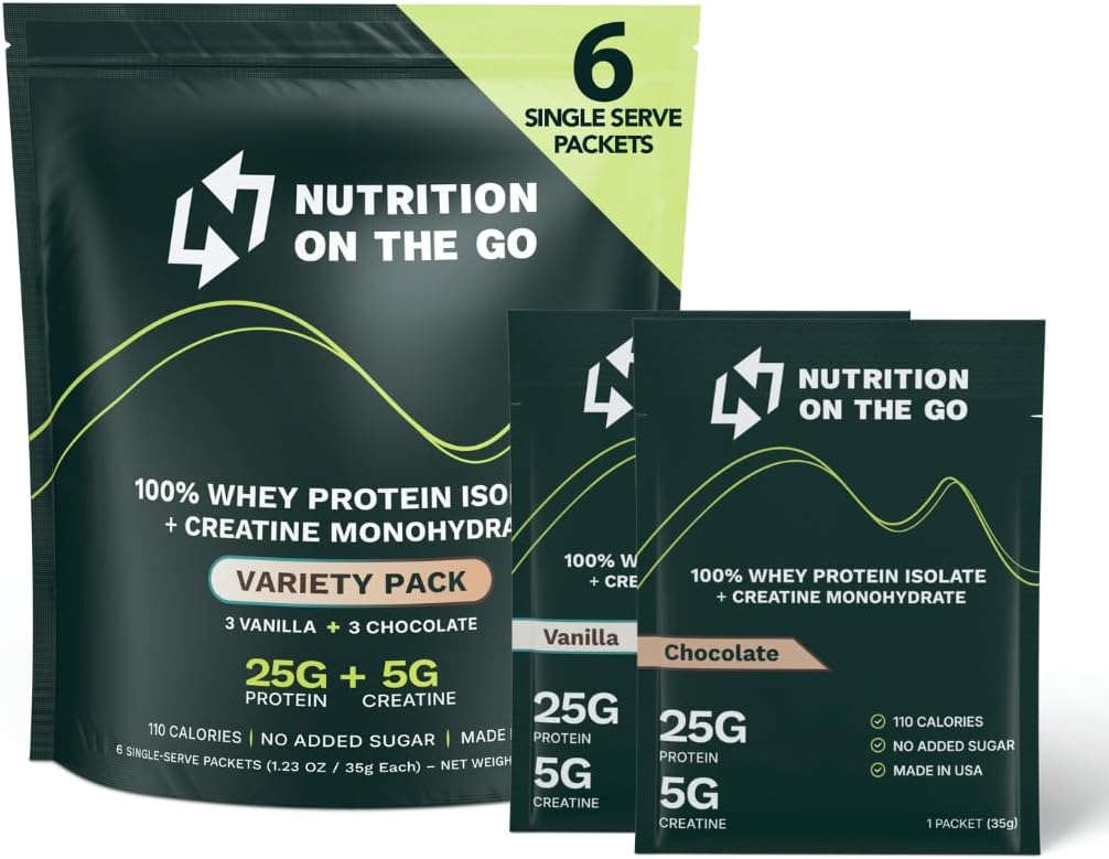 Näring på Go Whey Protein Isolate Packets med Kreatin - 25g Protein + 5g Kreatin - Single-Serve Travel Protein Powder - Variety Pack (Vanilla & Chocolate) (6-Pack)