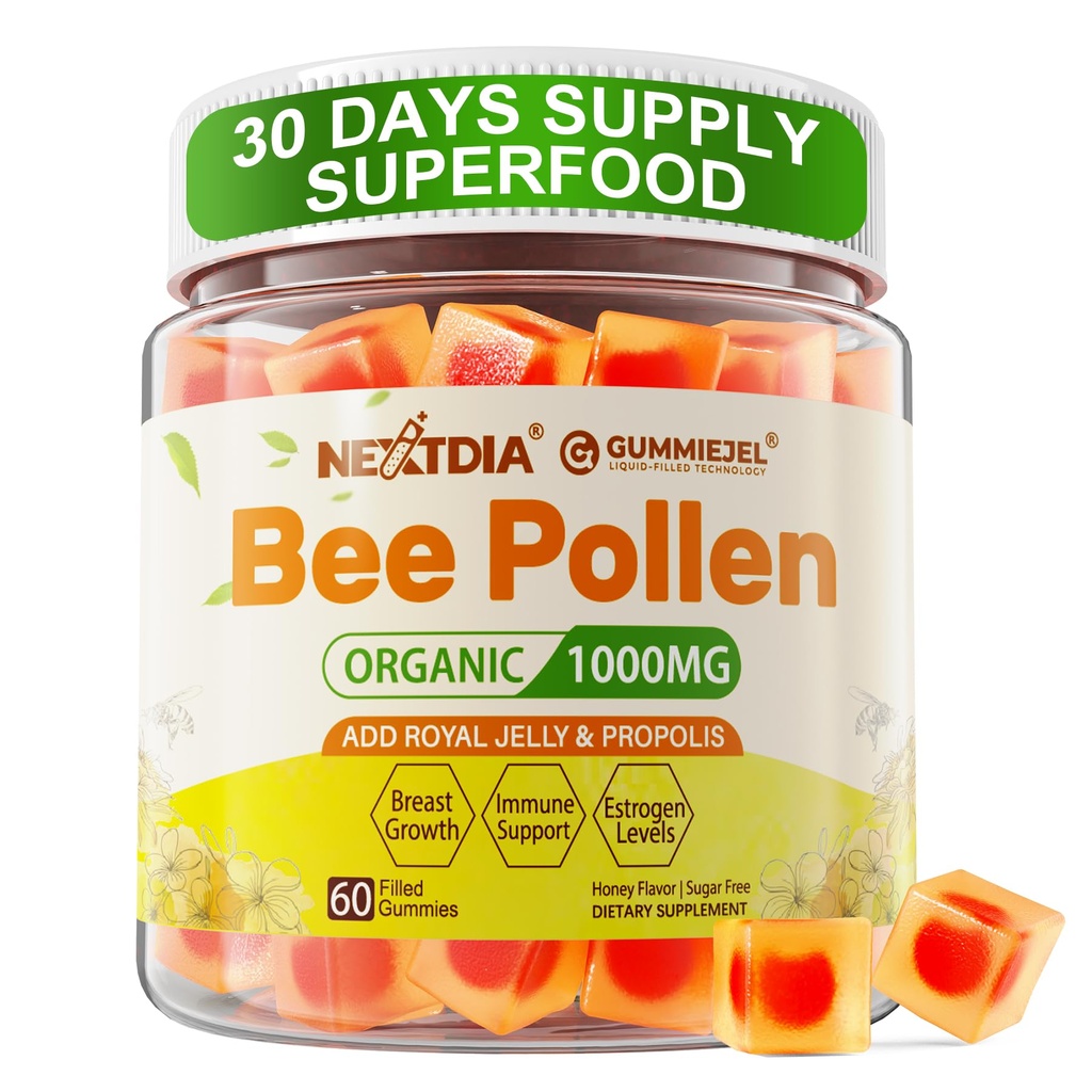 Bee Pollen Organic 1000mg, w/Propolis, Royal Jelly, Sugar Free Bee Pollen Gummies Rich i B-Vitamin, Antioxidanter, Aminosyror, Bee Pollen Supplement för energi, hud och immun (1 Pack)