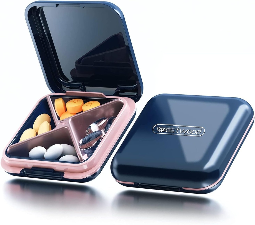 Small Pill Case, Travel Pill Box, Portable Pill Container för väska eller ficka, Daily Medicine Organizer Waterproof 4 Compartment Compact Pill Holder för vitaminer, tillskott, Medicinering