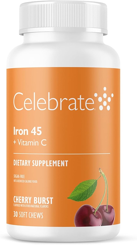 Celebrate Vitamins Iron Supplement med vitamin C - 45mg Iron, 60mg Vitamin C, Bariatric Vitamins för WLS-patienter, Vertikal Sleeve & Gastric Bypass Surgery - Cherry, 30 Soft Chews