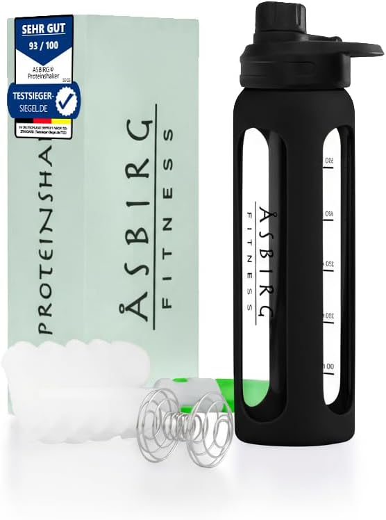 2.0 Fitness | Protein Shaker Made of Glass | Protein Shaker | Dricka flaska | med Spiral Ball | 24 oz (Black)
