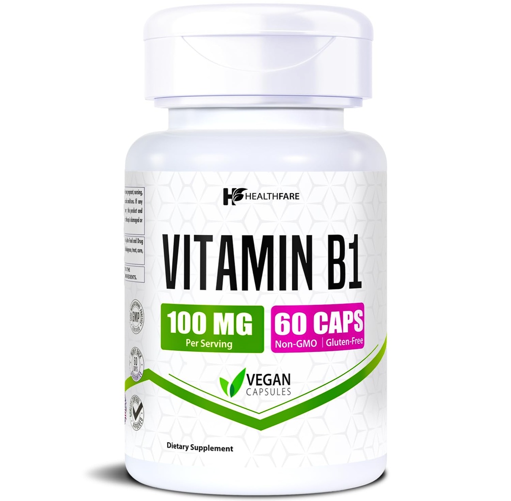 Hälso-vitamin B1 100mg | 60 kapslar | Thiamintillskott | Stöder övergripande hälsa | Icke-GMO | Glutenfri (60 kapslar)