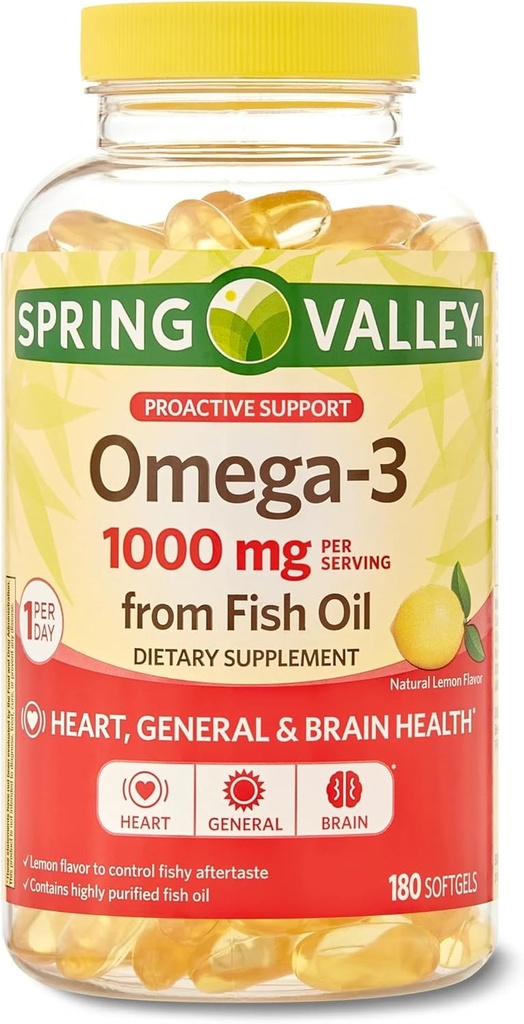 Spring Valley Omega-3 1000 mg från Fish Oil, Heart, Brain Health, Lemon,180 Softgels