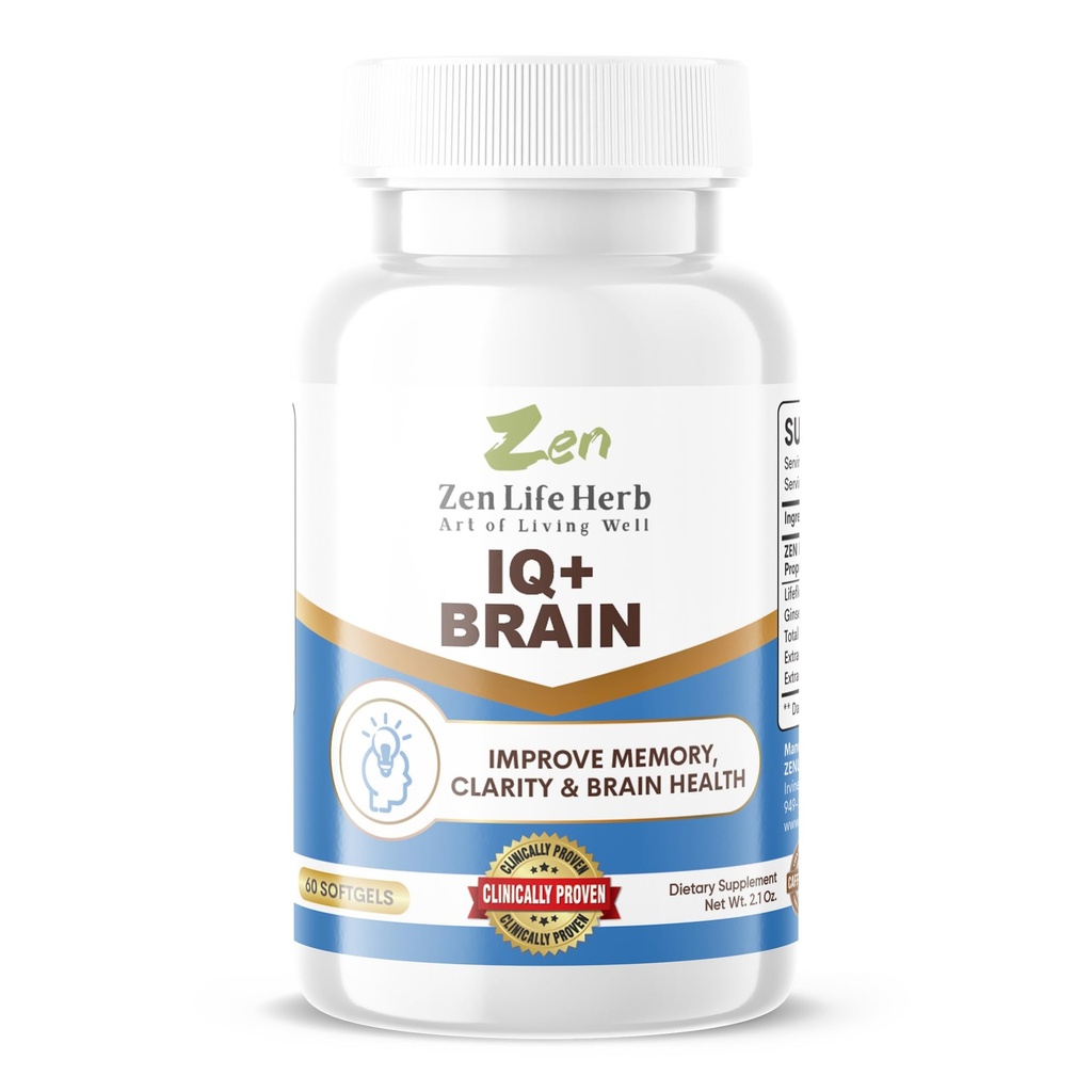 Zen Life Herb IQ+ Hjärna - Koffeinfri, kliniskt testad fokus, koncentration, minne och energi, naturlig växtbaserade växtbaserade tillskott, inga tillsatta vitaminer / mineraler / svamp / socker (60 Softgels)