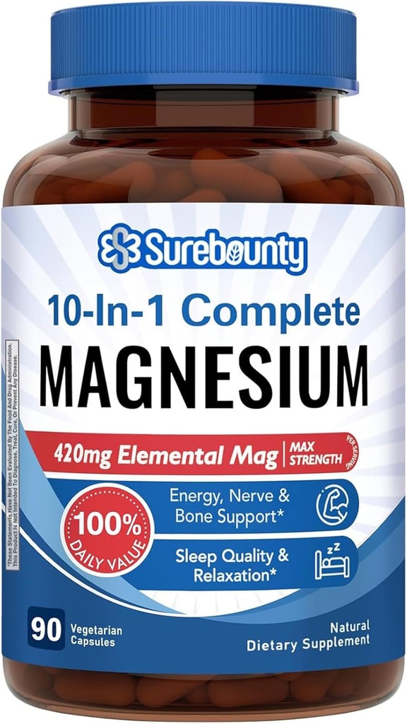 Magnesiumkomplex, 10-i-1 Formel, 420mg Elemental Mag Per Serving, Magnesium Glycinate, Malate, Citrate, High Absorption, Bone & Relaxation, 90 Caps