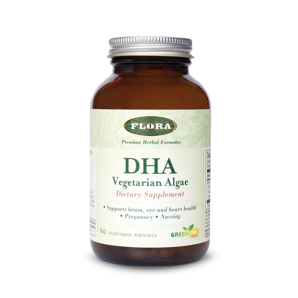 Flora - DHA Vegetarian Algae GreenCaps Plus - Brain & Heart Health - Hjälper övergripande hälsa under graviditeten - För hjärn- och nervsystemet - Ger Omega-3 - Vegan & Sustainable - 60 vegetariska mjukglar