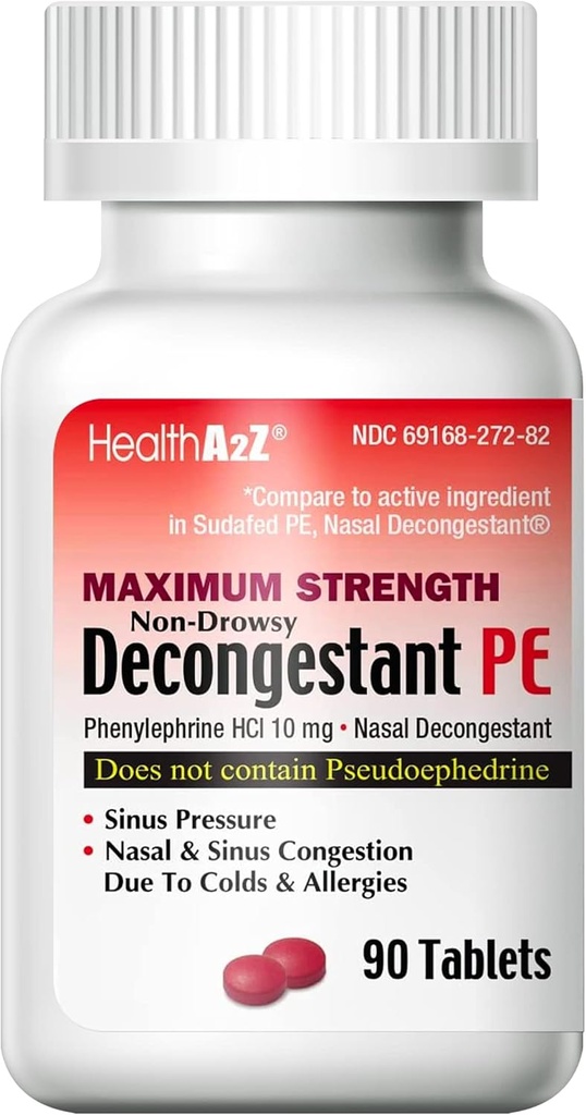 HealthA2Z® Decongestant PE | Phenylephrine HCl 10 mg | Maximal styrka | Non-Drowsy Nasal & Sinus Congestion Relief på grund av kalla och allergier (90 greve 1)