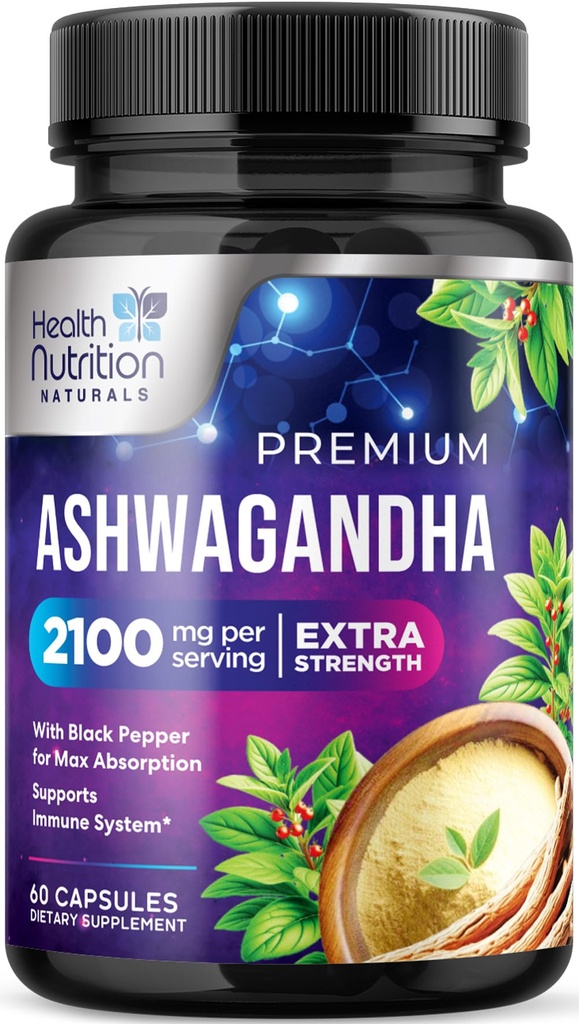 Ashwagandha Supplements - 2100mg Ashwagandha Capsule för kvinnor och män, naturligt antioxidantstöd, Ashwa Root Extract, Extra Strength Calm Support med Black Pepper, Vegan & Gluten Free - 60 kapslar
