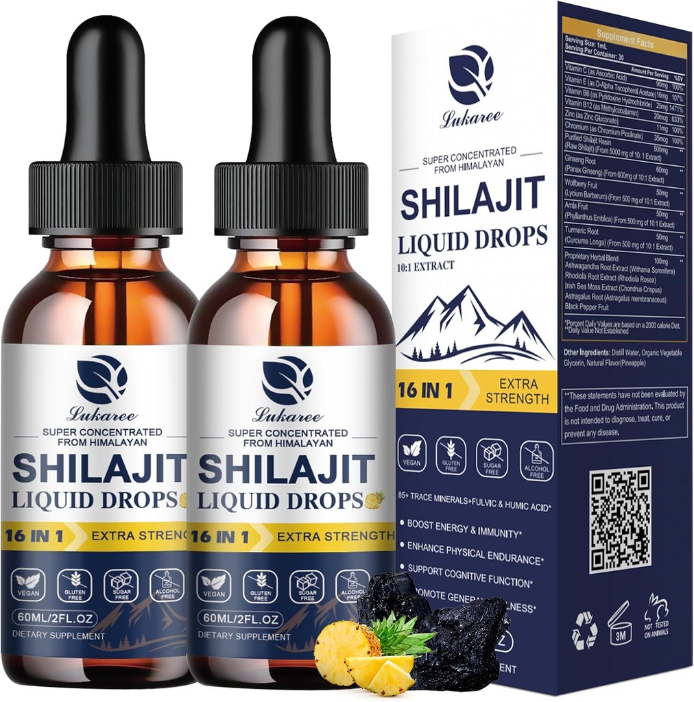 Lukaree 16-in-1 Shilajit Drops for Men and Women, Ashwagandha, Ginseng, Turmeric, Rhodiola, Amla, Sea Moss, Liquid Vitamin Supplement with 85+ Trace Minerals and Fulvic Acid, 2 FL Oz (2 Pack)