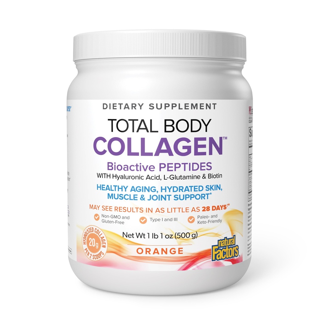 Naturliga faktorer, Total Body Collagen, Bioactive Peptides Powder för hälsosam hud, hår och gemensamma, orange
