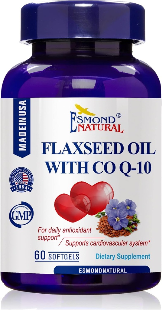 Flaxseed Oil med CO Q-10 (Daily antioxidant och Cardiovascular System Support), GMP, Natural Product Assn Certified, Made in USA - 400mg, 60 Softgels