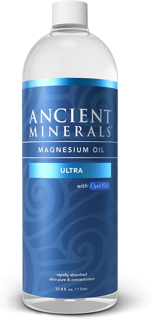 Forntida mineraler Magnesium Oil Ultra med OptiMSM, Refill 33,8 oz. - Pure Genuine Zechstein Magnesium klorid tillskott med MSM - Bästa aktuell hudapplikation för dermal absorption