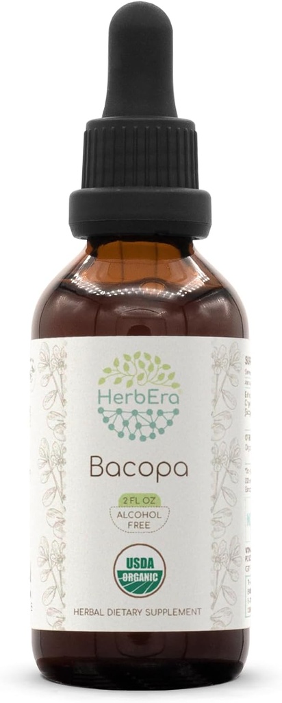 HerbEra Bacopa B60 USDA Organisk tinktur | Alkoholfri extrakt, hög-potens Herbal Drops, Avkoppling, Positiv kognitiv effekt | Certifierad organisk Bacopa (Bacopa Monnieri) Torkad Herb (2 fl oz)