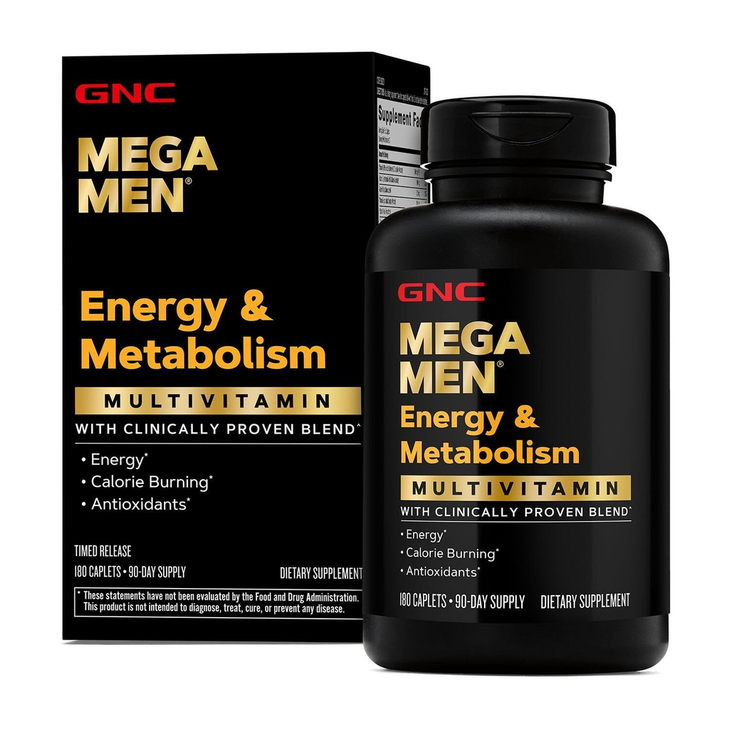 GNC Mega Men Energy & Metabolism Multivitamin Caplets, kliniskt bevisad att känna sig bättre, kaloribränna, fokus, 100mg koffein, termogen, immun, B-vitaminer, Timed Release, 180 greve, 90 Day Supply
