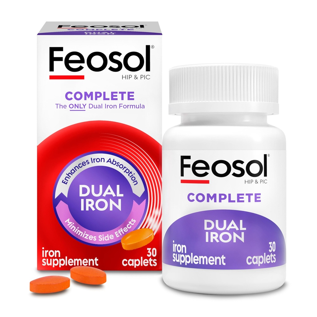 Feosol kompletta järntillskott kapell, Bifera järn för hög absorption, Heme och icke-Heme Dual Action Minimerar biverkningar, 1 per dag, för energi och immunsystemstöd, Made in USA, 30 Count