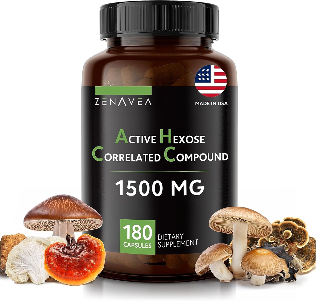 Active Hexose Correlated Compound 180 Caps 1500mg per Serving - Vegan Organic Mushroom Supplement Help Support Immune System and Promote Natural Killer and T Cells