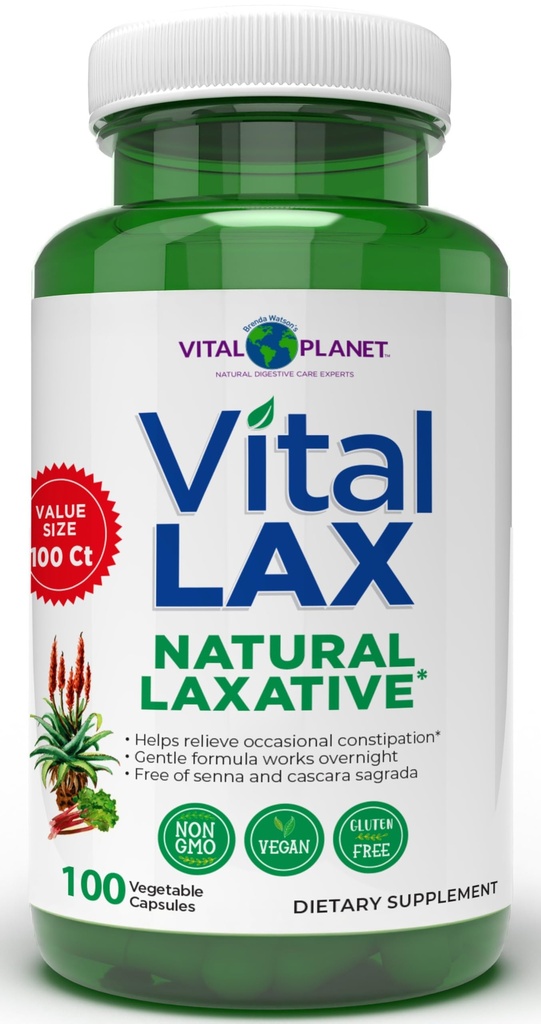 Vital Planet - Vital Lax Natural Laxative Cleanse Supplement for Occasional Constipation, med Magnesium Hydroxide, Slippery Elm, Aloe och Triphala för att stödja tarmregularitet 100 kapslar