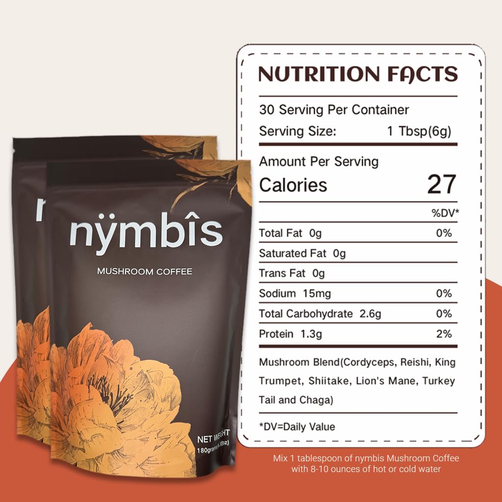 nymbis Mushroom Coffee | Ground Coffee med 7-Mushrooms Blend (Cordyceps, Lion's Mane, Reishi, Chaga, Maitake, Shiitake, Turkey Tail) | INSTANT COFFEEE | 30 Servings