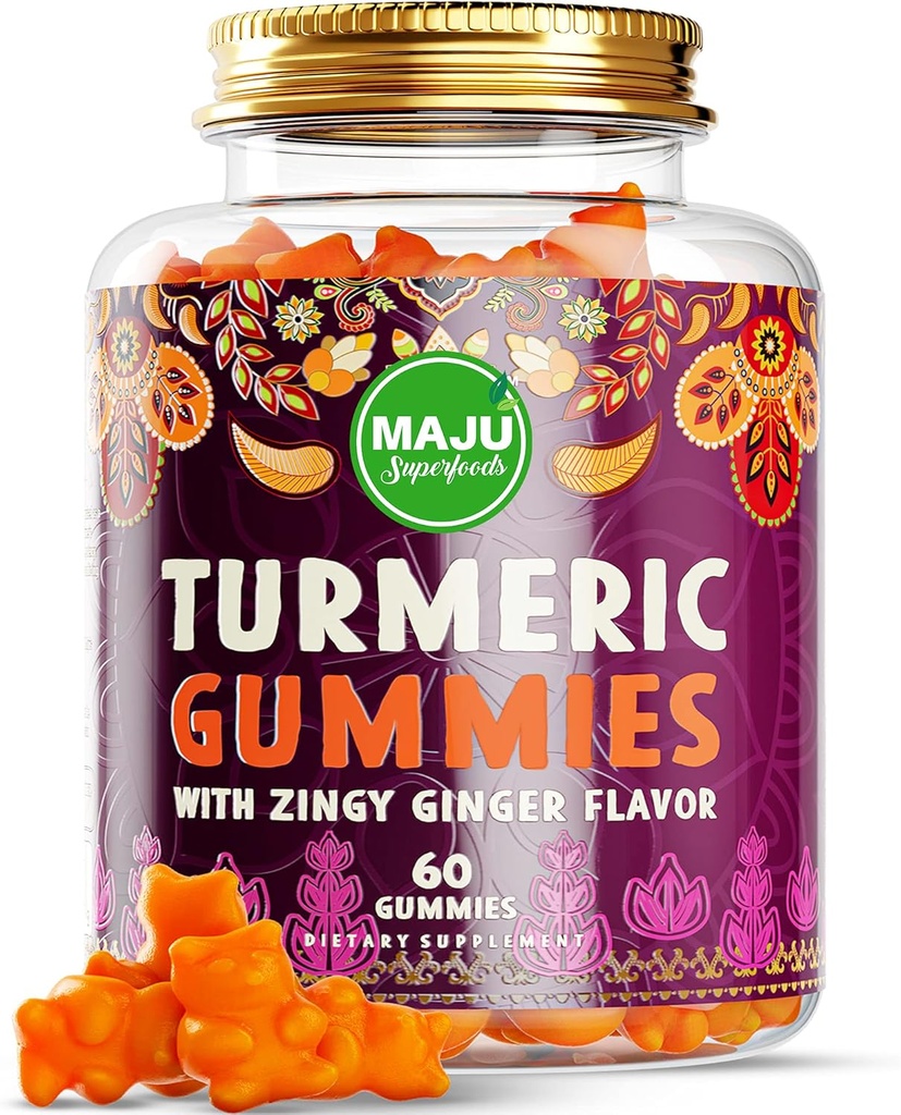 Maju Superfoods Turmeric Curcumin Gummies 60ct, Zingy Ginger Taste, Black Pepper Extract för förbättrad absorption och styrka, gummier för vuxna och barn