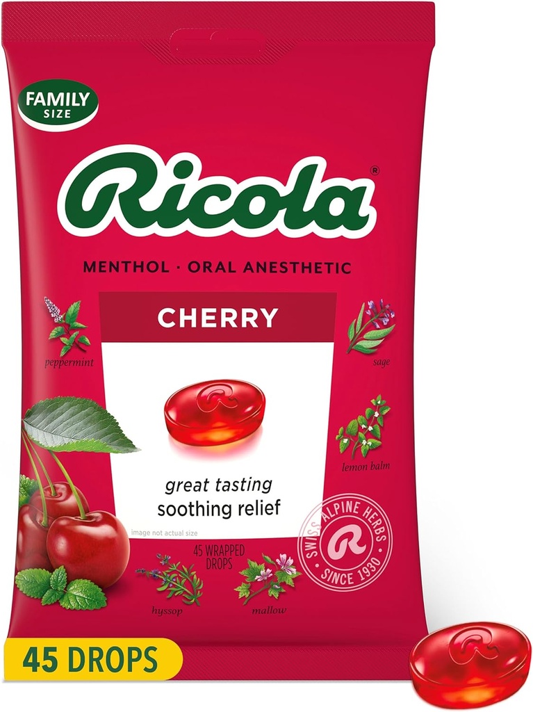 Ricola Cherry Throat Drops, 45 greve, dagliga droppar för läckra halsförfriskningar, oral anestetisk, naturligt smaksatt