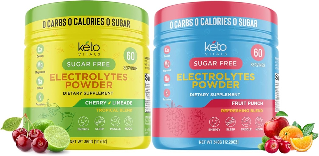 Keto Vitals Cherry Limeade Bundle med Fruit Punch - 2 Pack Bundle Keto Electrolytes Powder - Keto-Friendly Electrolytes med kalium, Magnesium, Sodium, Calcium - Cherry Limeade & Fruit Punch