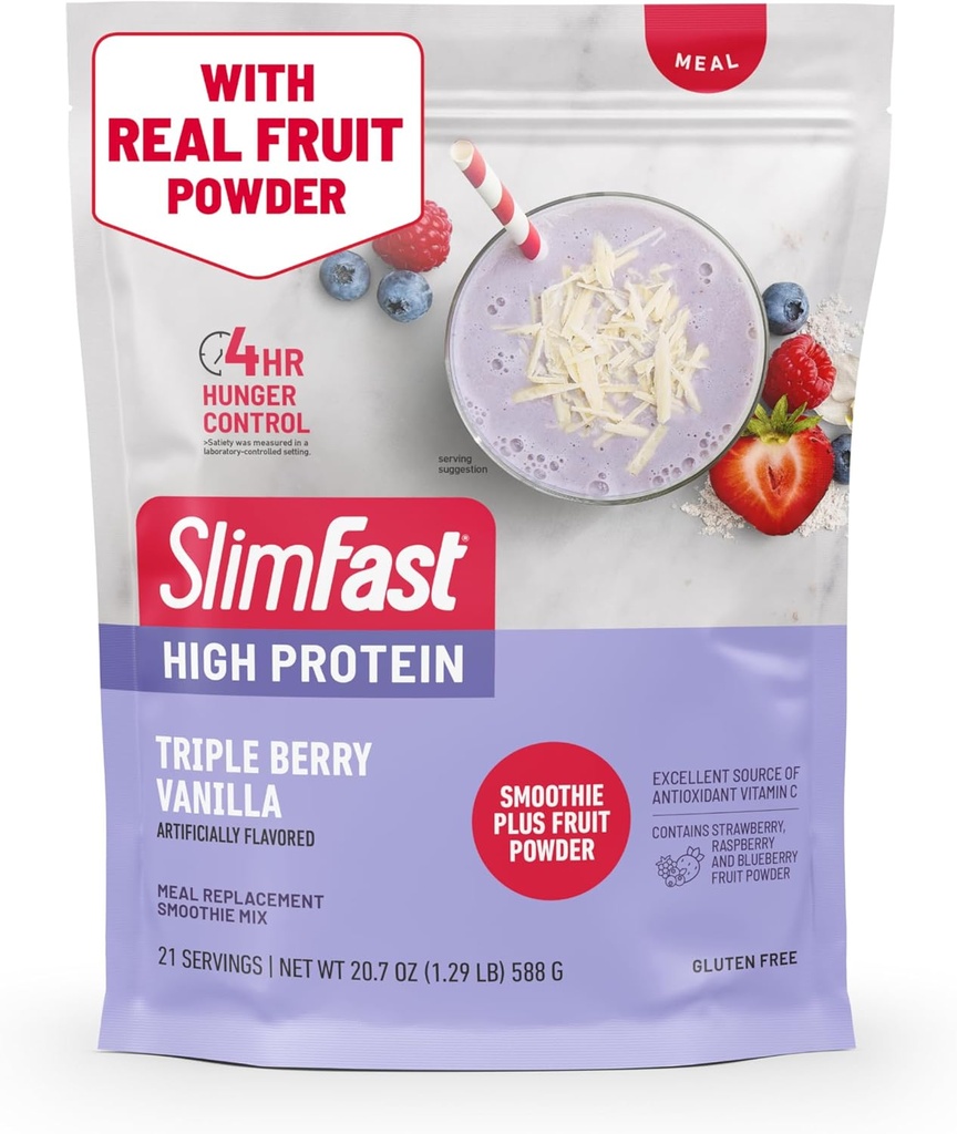 SlimFast High Protein Smoothie Mix Plus Fruit Powder, High Protein Meal Replacement Powder, Fiber, Vitamin C, 21 Servings, 1,29 Pounds, Triple Berry Vanilla (Packaging May Vary)