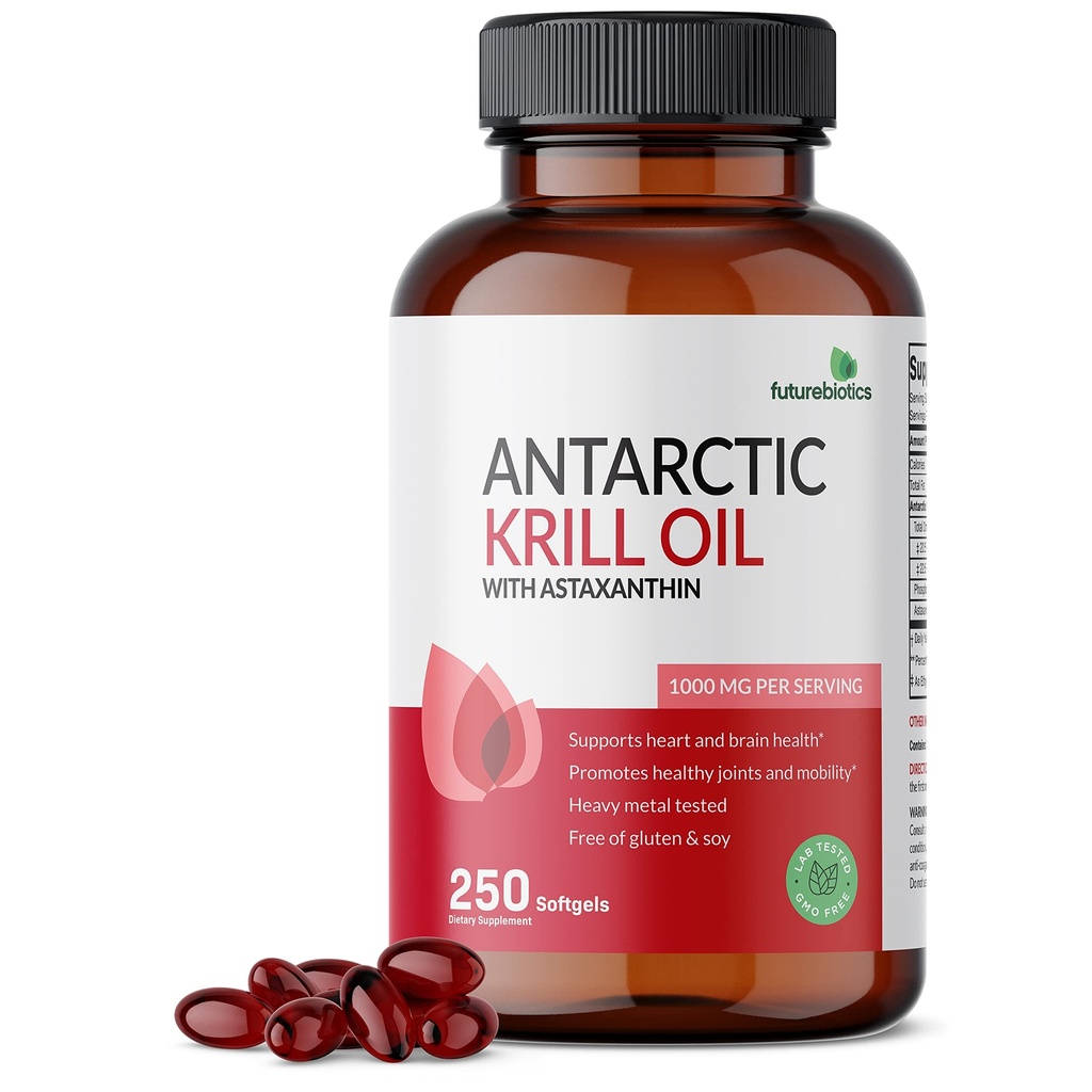 Futurebiotics Antarctic Krill Oil 1000mg med Omega-3s EPA, DHA, Astaxanthin och Phospholipids - 100% Pure Premium Krill Oil Heavy Metal Tested, Non GMO - 250 Softgels (125 portioner)