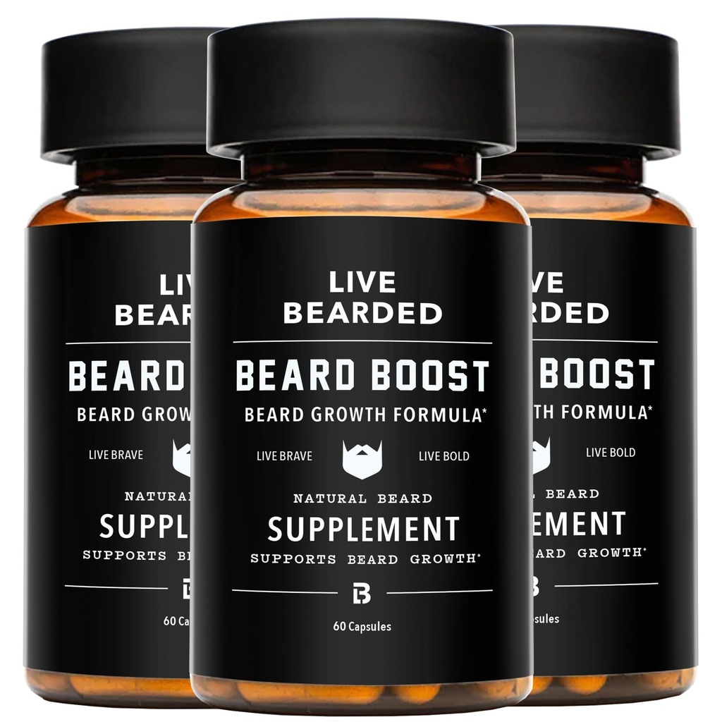 Live Bearded Beard Boost - Beard Growth Vitamins för Män med Biotin, Collagen, Silica, Fo-Ti Root - Facial Hair Growth för Män, Gjord i USA | 90-Day Supply