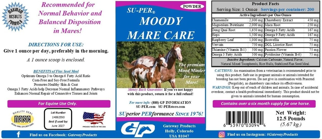 SU-PER Moody Mare Care Powder - Herbal Equine Horse Supplement med Chasteberry & Maca Root - 12,5 lbs