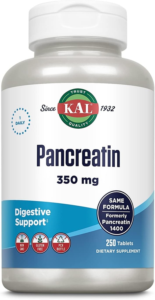 KAL Pancreatin 350mg, Digestive Enzymes for Women and Men, Pancreatic Enzymes for Digestive Health Support, Gluten Free, Non-GMO, Rapid Disintegration, 60-dagars garanti, 250 portioner, 250 tabletter