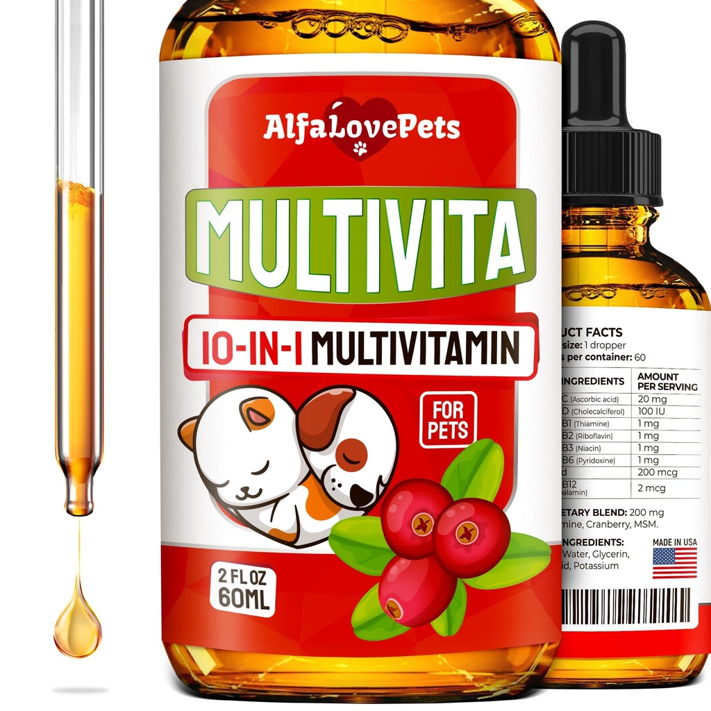 Flytande multivitamin för hundar - katt multivitaminer för inomhuskatter - 10-i-1 flytande hund vitamin B-komplex, C, D3 - Digestion, Urination, Hip & Joint, Skin & Coat - Cranberry Flavor - 2 Oz