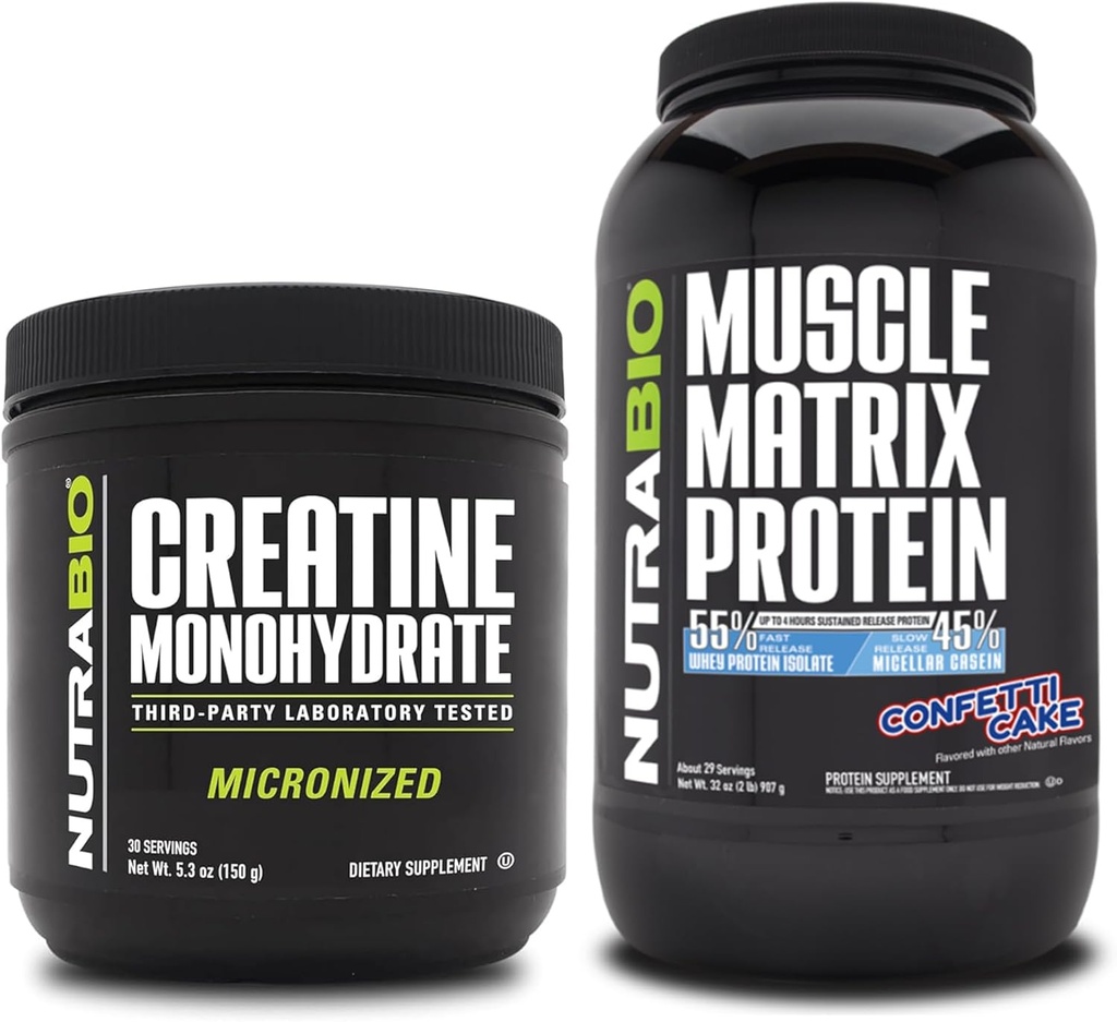 NutraBio Creatine Monohydrate, Unflavored, (150 g) och Muscle Matrix Protein Powder (Confetti Cake) Supplement Bundle - Muscle Energy, Maximal tillväxt, återhämtning och styrka