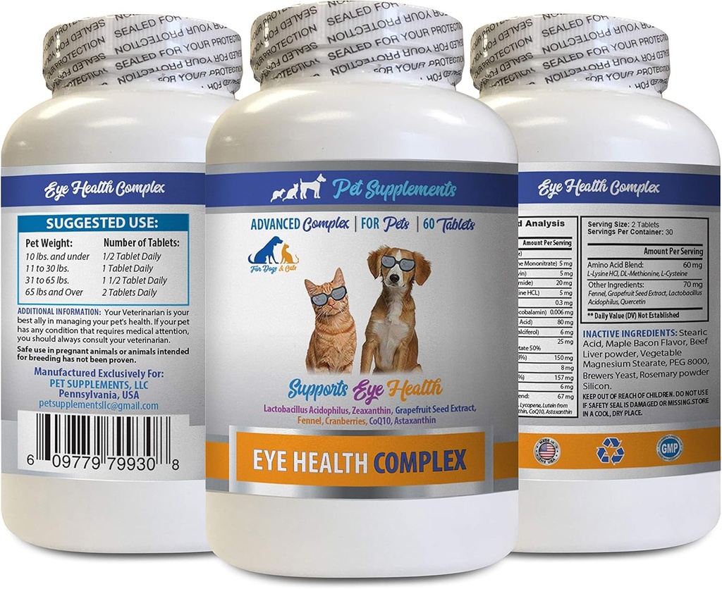 Dog Eye Vitamins - PET Eye Health Complex - Hundar och katter - Stöder Eye Vision - astaxanthin för hundar, Eye Vision Supplement för hundar och katter, Eye Health Vitamins Lutein och zeaxanthin 1Bot 60Tabs