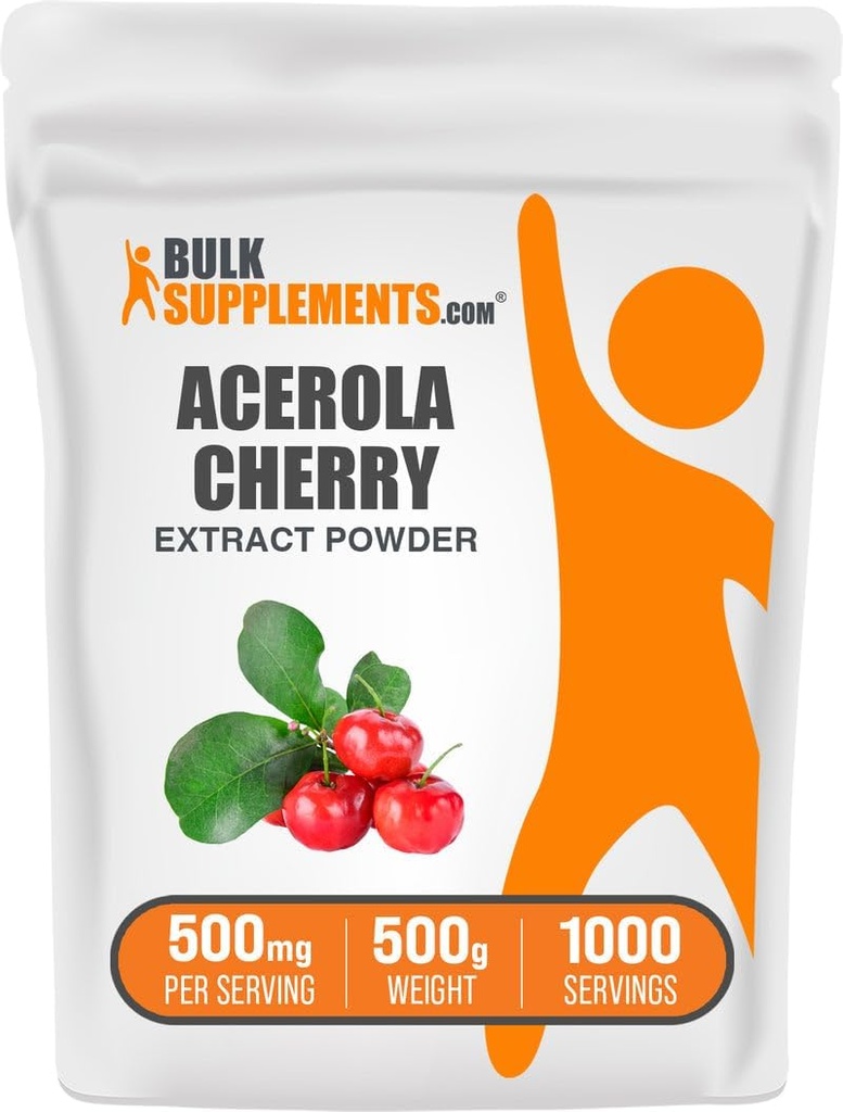 BulkSupplements.com Acerola Cherry Extract Powder - Natural Vitamin C Supplement, Acerola Cherry Powder - Vegan & Gluten Free, 500mg per Serving, 500g (1.1 lbs) (Pack of 1)