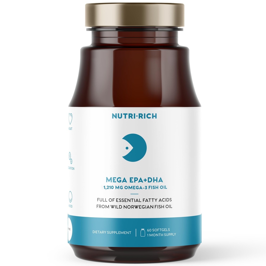 Nutri-Rich Omega-3 Fish Oil 1210mg - EPA & DHA för hjärta, hjärna och gemensam hälsa - Burp-Free, Lemon Flavor, Gluten & Soy Free, Tredjepartstestade (60 Softgels)