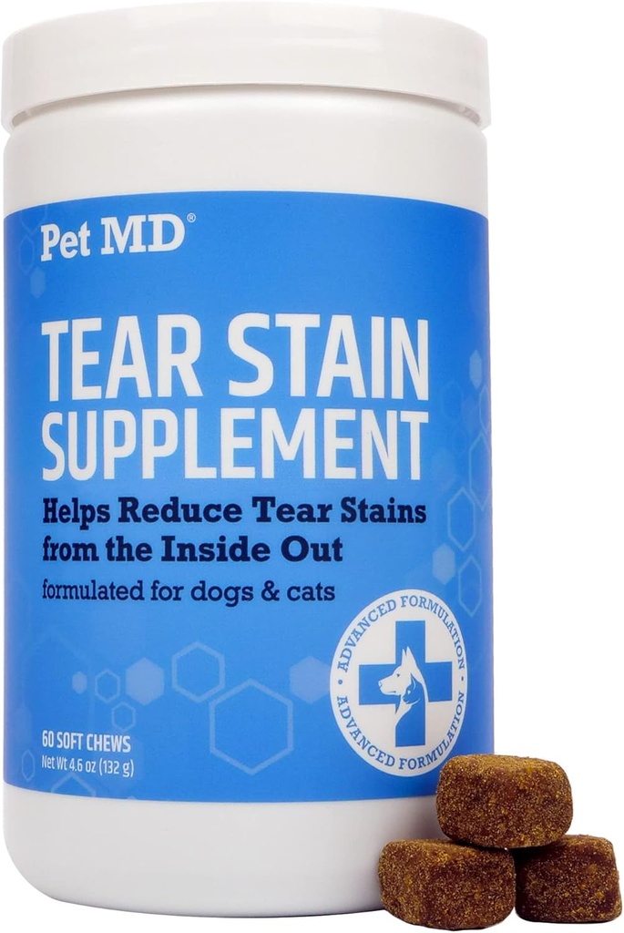 Pet MD Tear Stain Remover för hundar och katter - Antioxidant Eye Care Supplement med Lutein, Cranberry, & Omega 3 & 6 - Cat & Dog Tear Stain Remover Chews för White & Light Fur - 60 ct