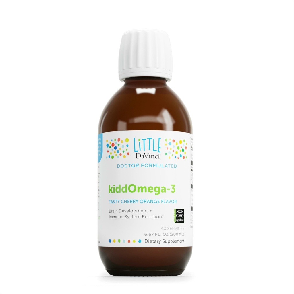 Little DaVinci kiddOmega-3 - Liquid Omega-3 Supplement for Kids - For Immune System, Focus and Brain Support* - With Monk Fruit, DHA, EPA and More - Cherry Orange Flavor - 200mL