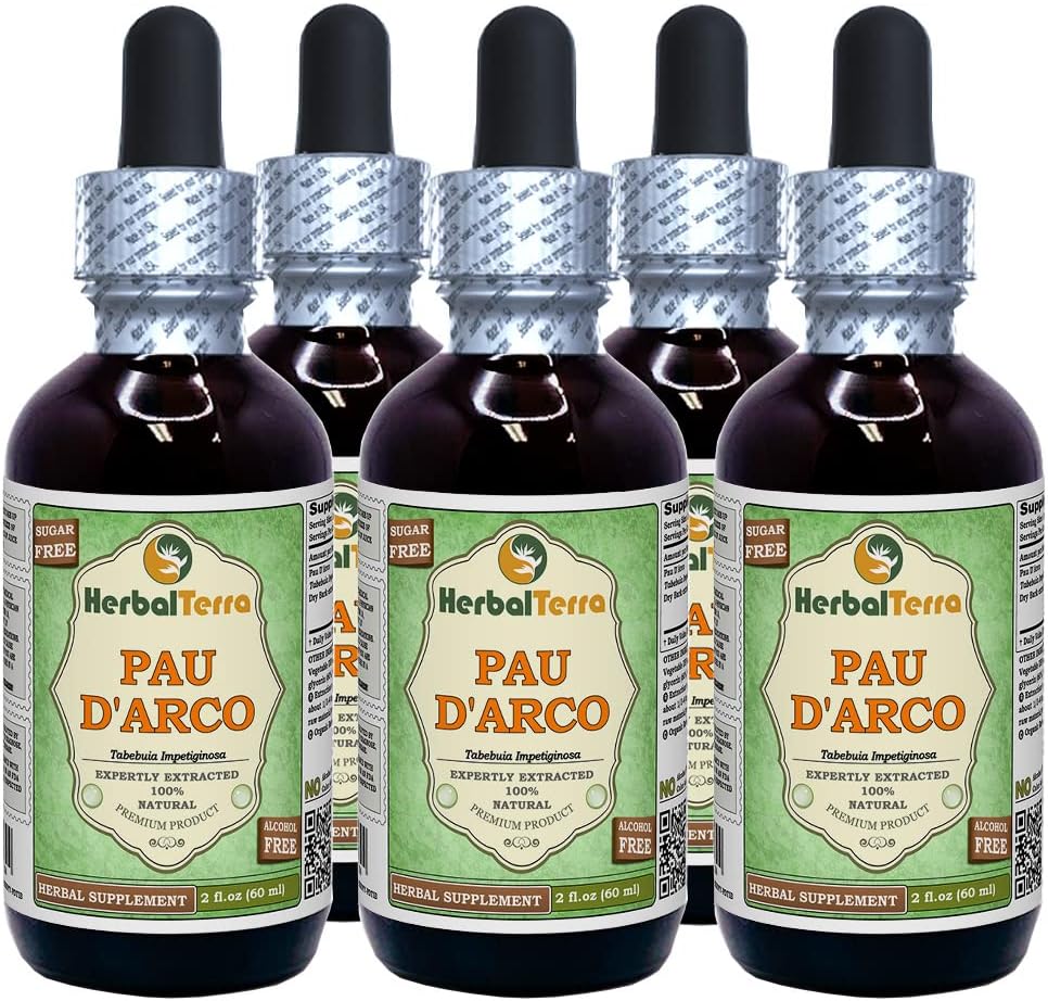 PAU d'arco (Tabebuia Impetiginosa) Glycerite, Dried Bark Alcohol-Free Liquid Extract (Brand Name: HerbalTerra, Proudly Made in USA) 5x2 fl.oz (5x60 ml)