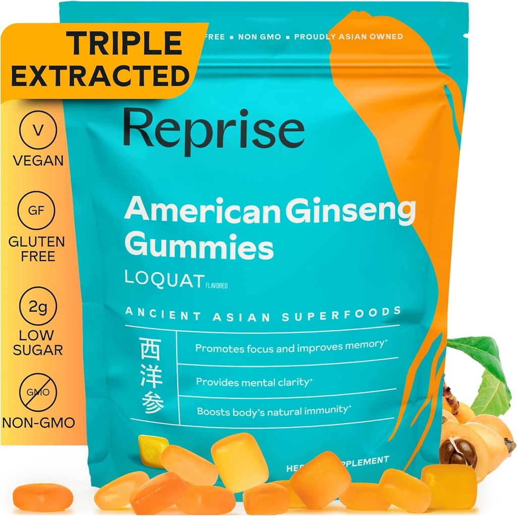 American Ginseng Energy Boost Gummies - All-Natural Full-Potency American Ginseng, Helps Elevate Energy, Focus, and Provides Immune Support, Low-Sugar, Vegan, 45 Gummies, Loquat Flavor