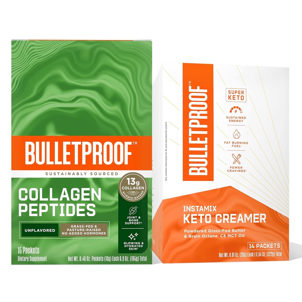 Bulletproof Coffee Duo - InstaMix Keto Coffee Creamer med Grass-Fed Ghee och MCT-olja, 14 Pack & Unflavored Collagen Protein med 13g Grass-Fed Collagen Peptides för hud, ben och gemensamma, 15 Pack